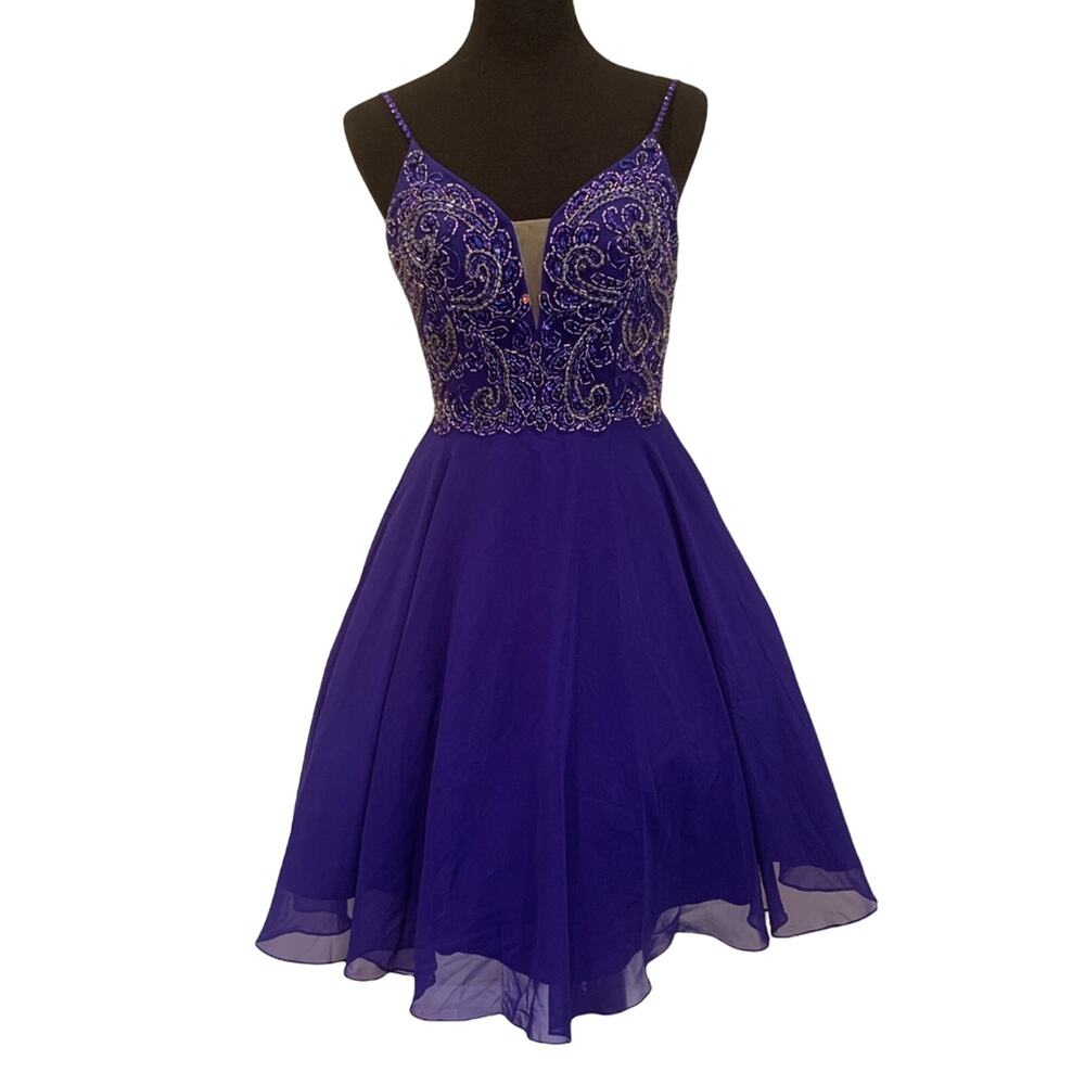 Coya Collection Blue Mini Dress Beads Sequins Party Size Small Fit and Flare